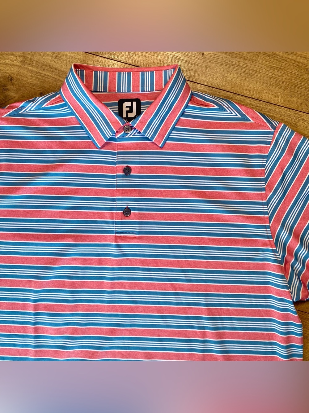 Footjoy Striped Golf Polo Shirt Pink Blue Stretch Mens L Short Sleeve 3 Button